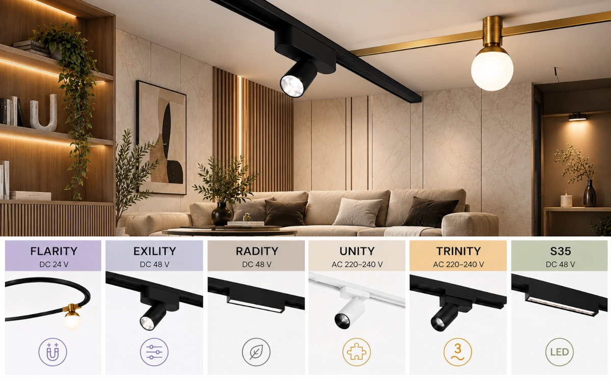 Systèmes sur rail Maytoni : comparaison des gammes FLARITY, EXILITY, RADITY, UNITY, TRINITY et S35 pour un éclairage sur mesure